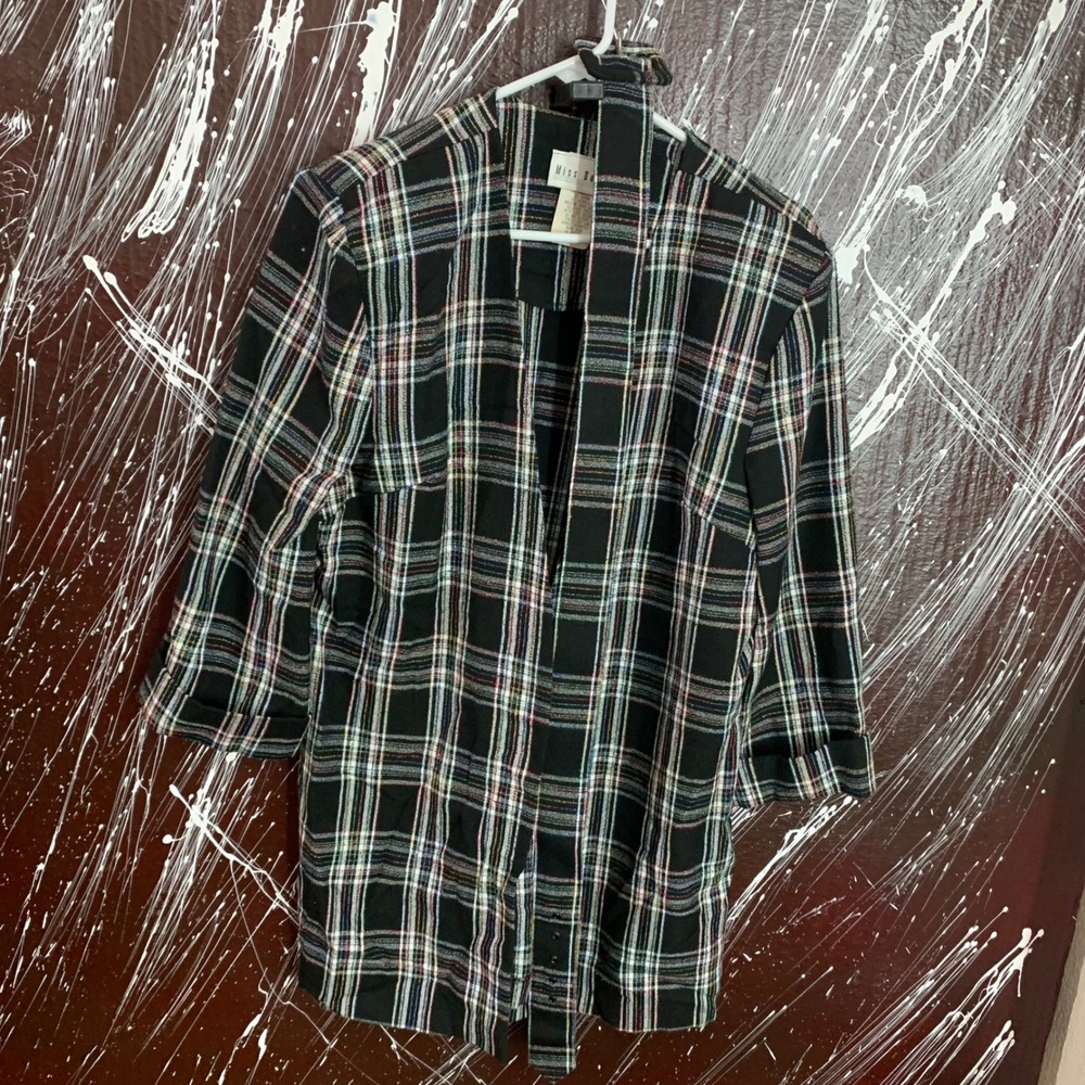 Miss Dorby Vintage Plaid Open Front Blazer Black Multi Color Belted Jacket Sz 12